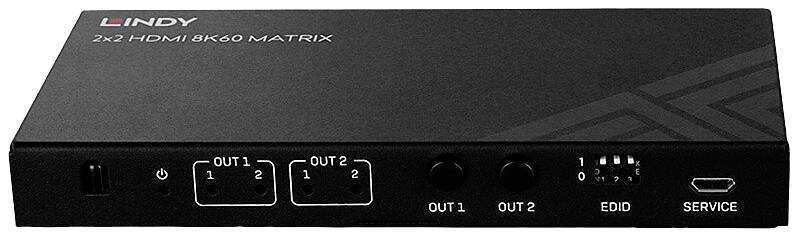 Černá HDMI matice s nápisem 'LINDY 2x2 HDMI 8K60 MATRIX', se dvěma HDMI vstupy a výstupy a ovládacími prvky vpředu.