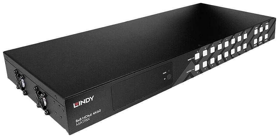 Černá HDMI matice s několika vstupními a výstupními porty a tlačítky pro ovládání.
