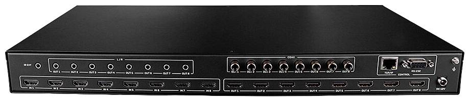 Černý audio/video matrix přepínač s několika HDMI vstupy a výstupy, audio konektory a ovládacími porty na zadní straně.