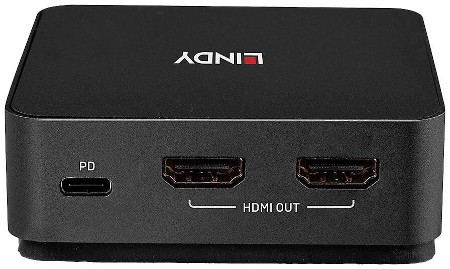 Černý adaptér s USB-C konektorem a dvěma HDMI výstupy, označený štítky „PD" a „HDMI OUT".