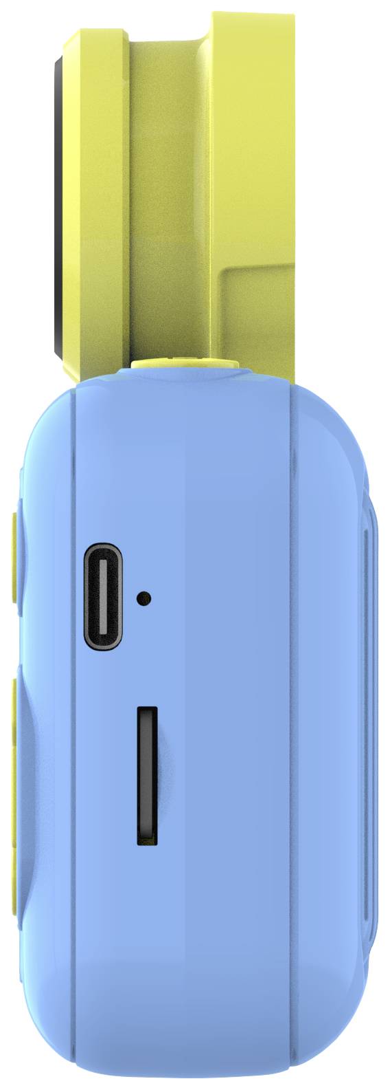 Malé elektronické zařízení zobrazené z boku v světle modré a žluté barvě, s USB portem a slotem na kartu.