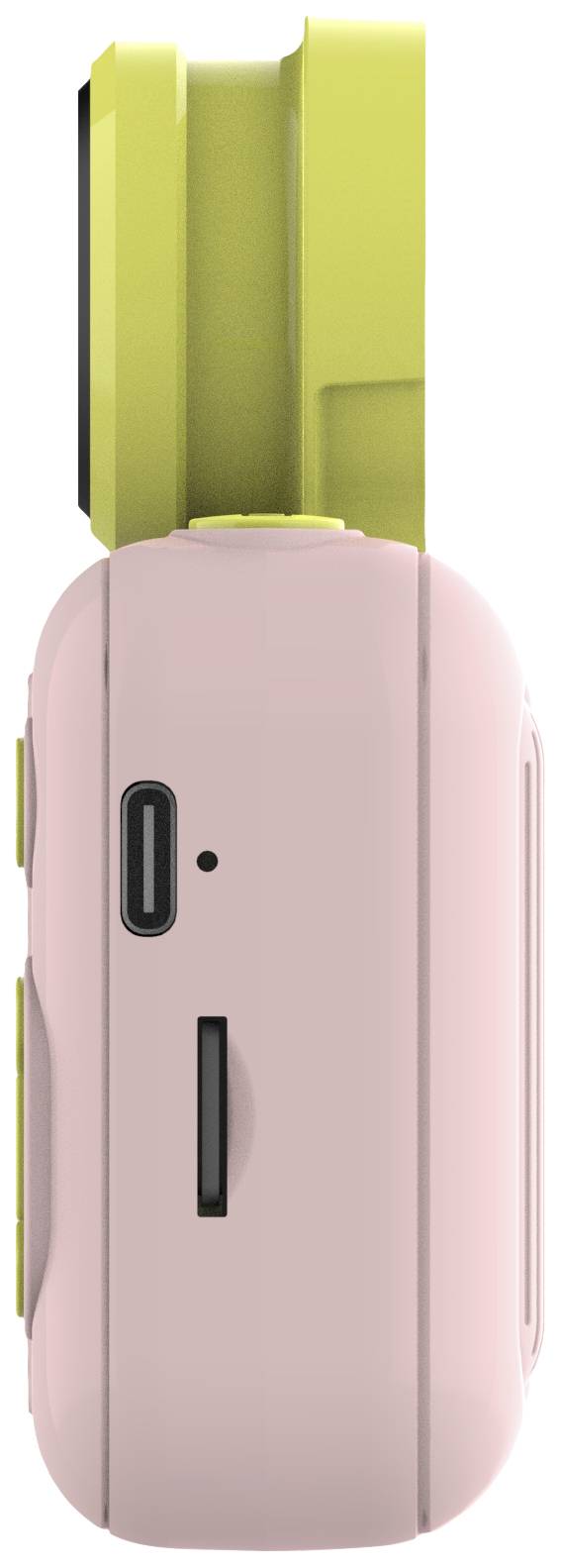 Růžový fotoaparát s žlutým nástavcem objektivu, pohled z boku. Obsahuje USB port a slot na kartu.