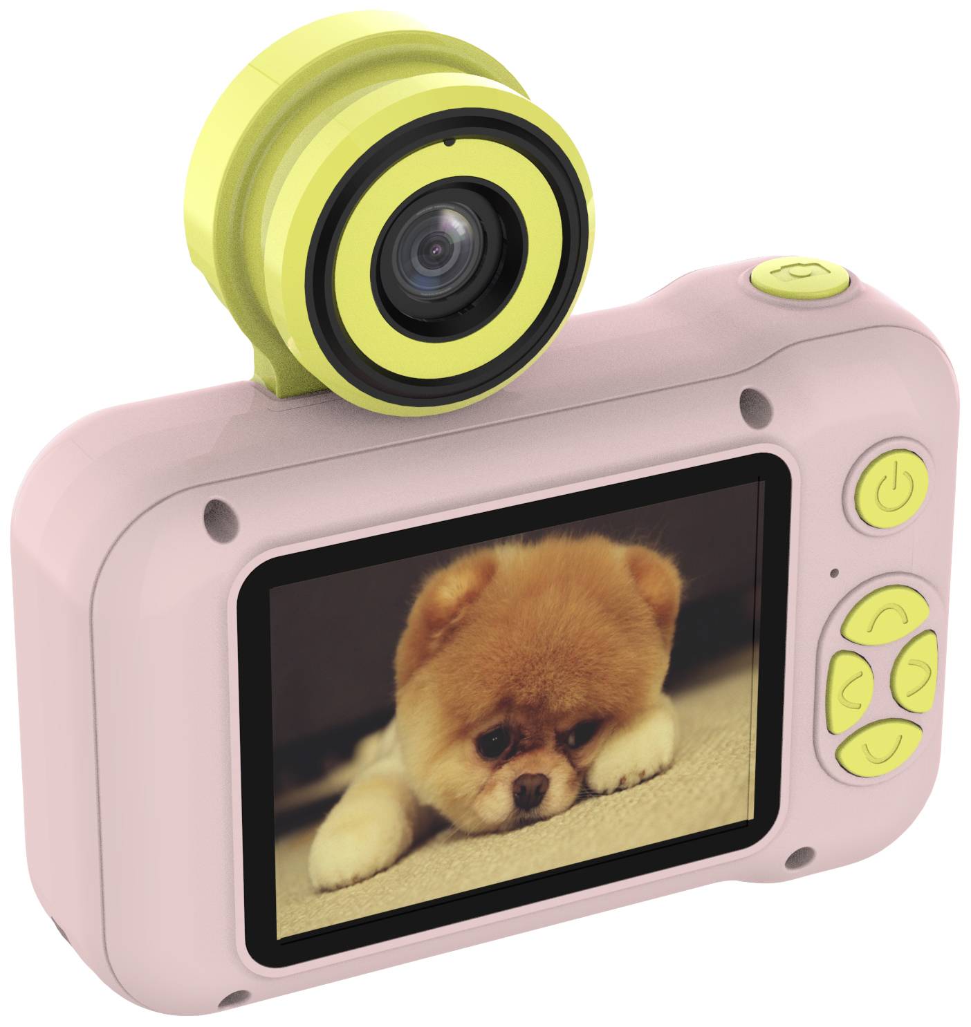 Kompaktní digitální fotoaparát s růžovým tělem a žlutými akcenty; na displeji je vidět štěně psa.