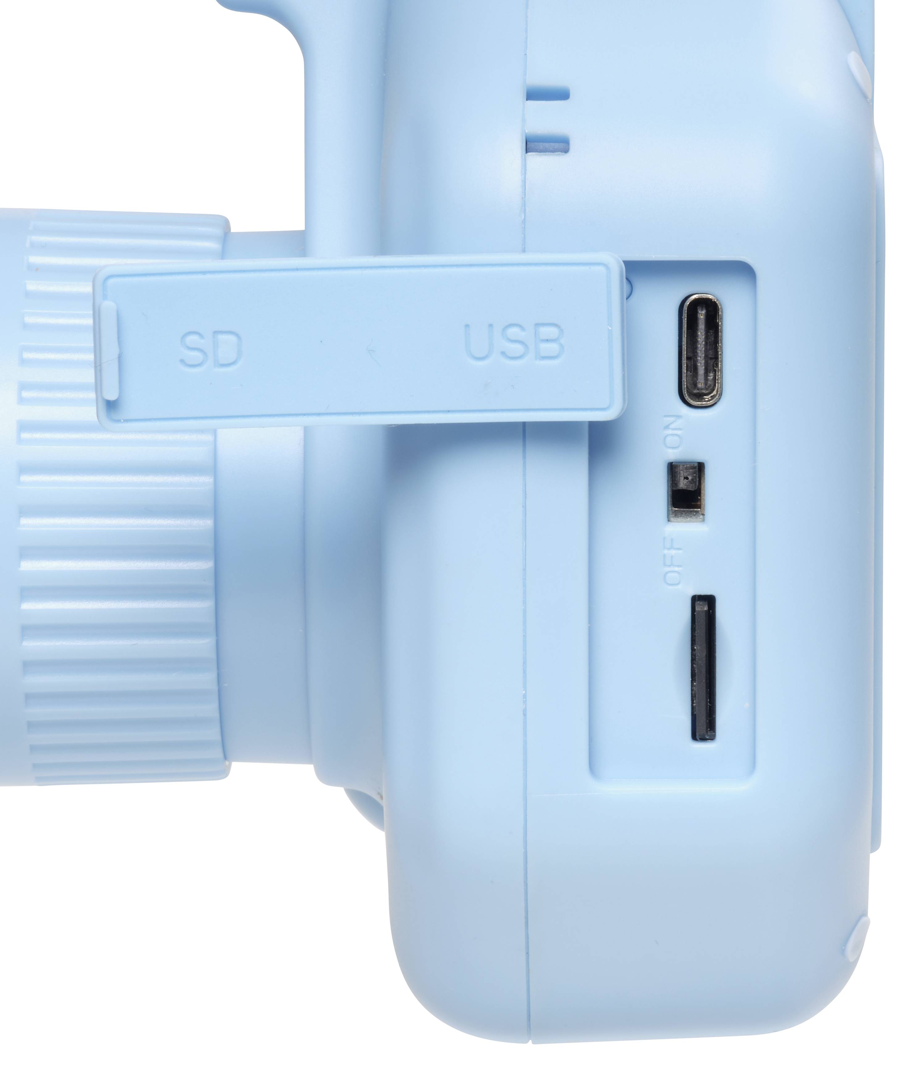 Světle modrý přístroj s konektory: slot na SD kartu a USB. Páčka pro 'OFF/ON', pravděpodobně fotoaparát nebo podobné elektronické zařízení.