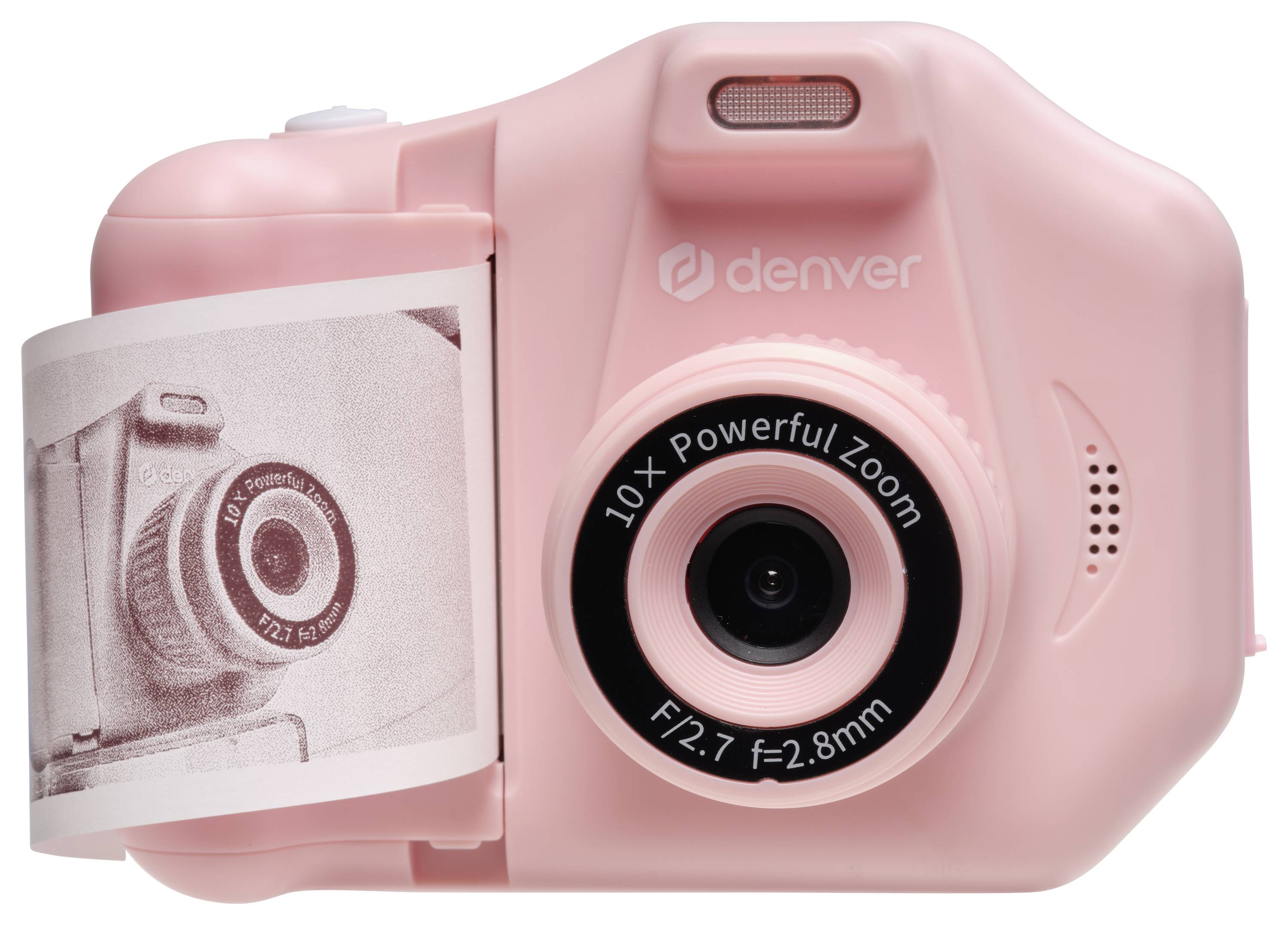 Růžový digitální fotoaparát s 10násobným zoomem a vytištěnou fotografií na boku.