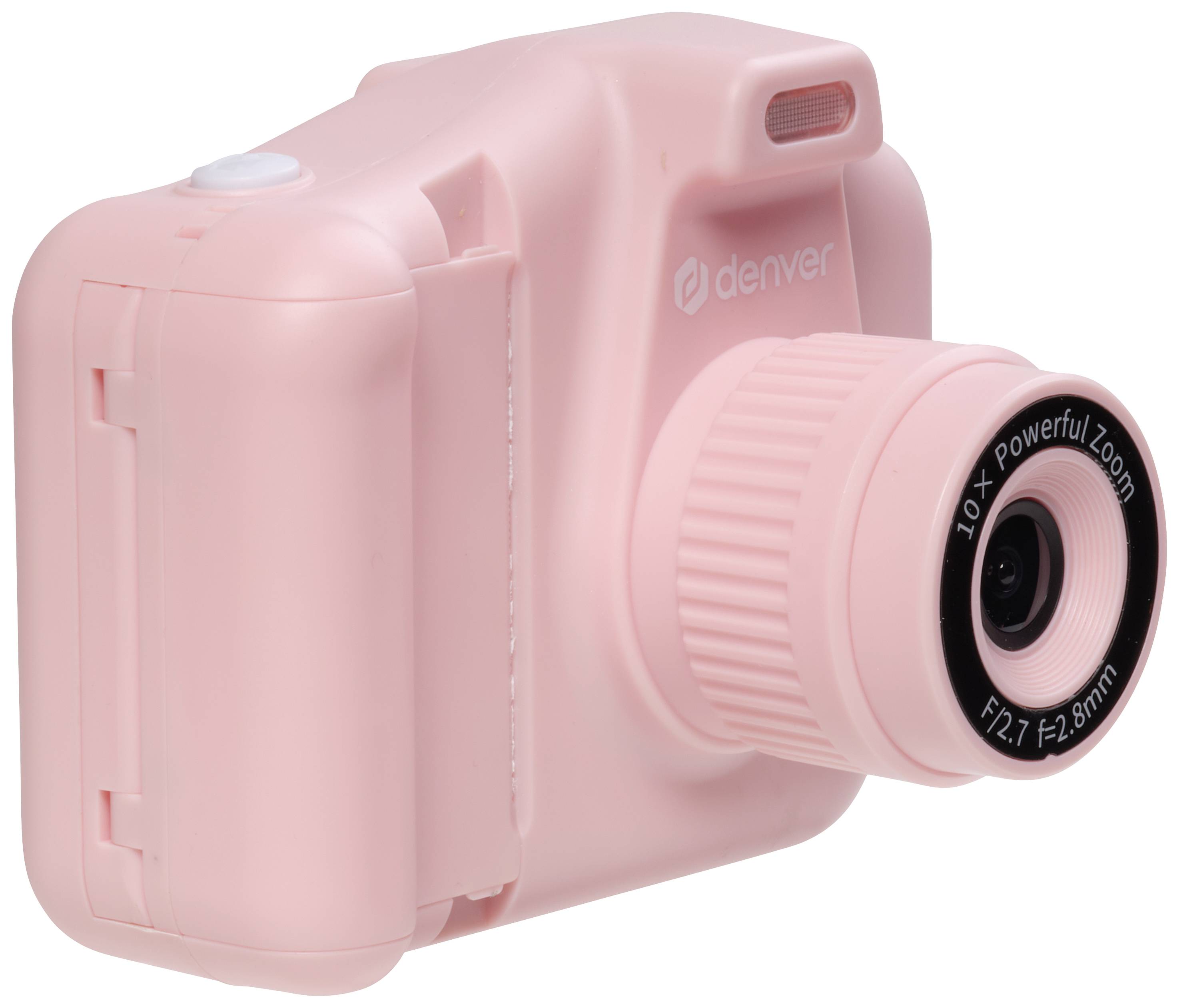Růžový fotoaparát s velkým objektivem a 10x zoomem. Kompaktní design s viditelným logem na přední straně.