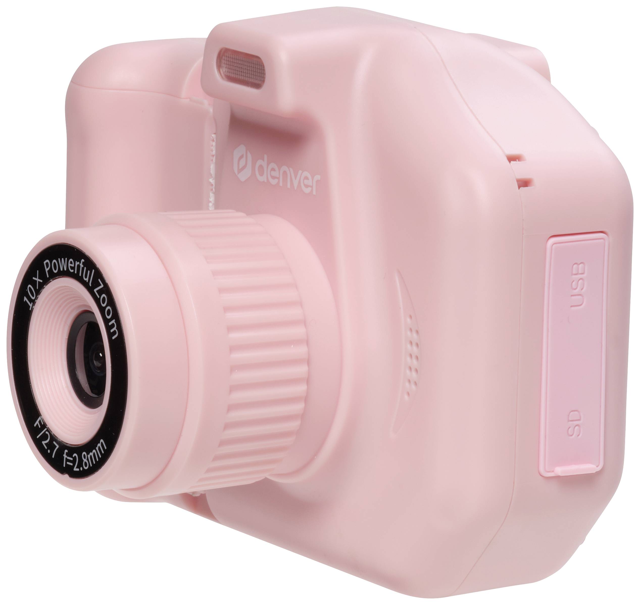 Růžový fotoaparát s objektivem a konektory pro SD kartu a USB na boku, vhodný pro jednoduchou fotografii.