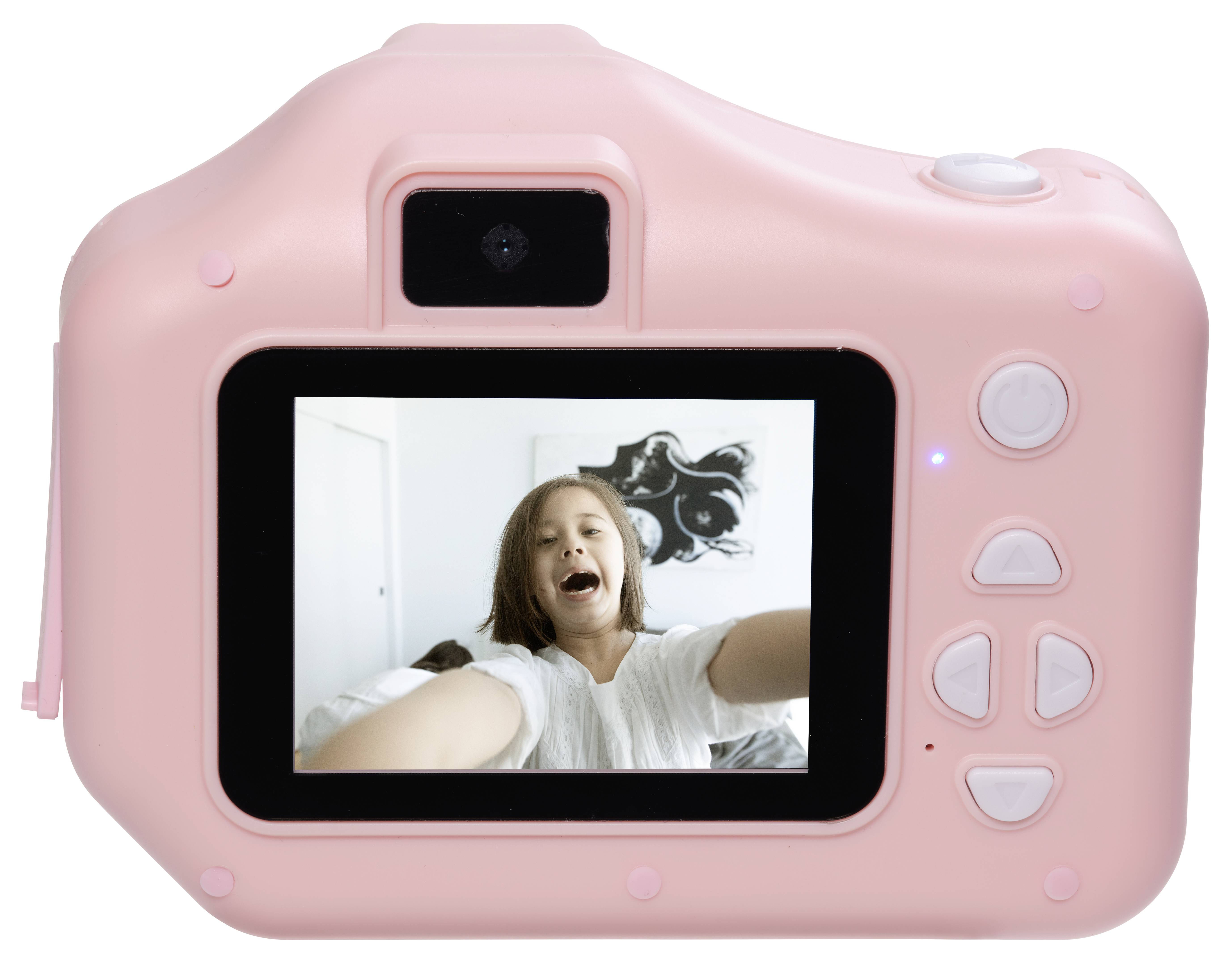 Růžový fotoaparát s displejem, na kterém je vidět smějící se dítě. Dítě drží fotoaparát, jako by si právě chtělo udělat selfie.