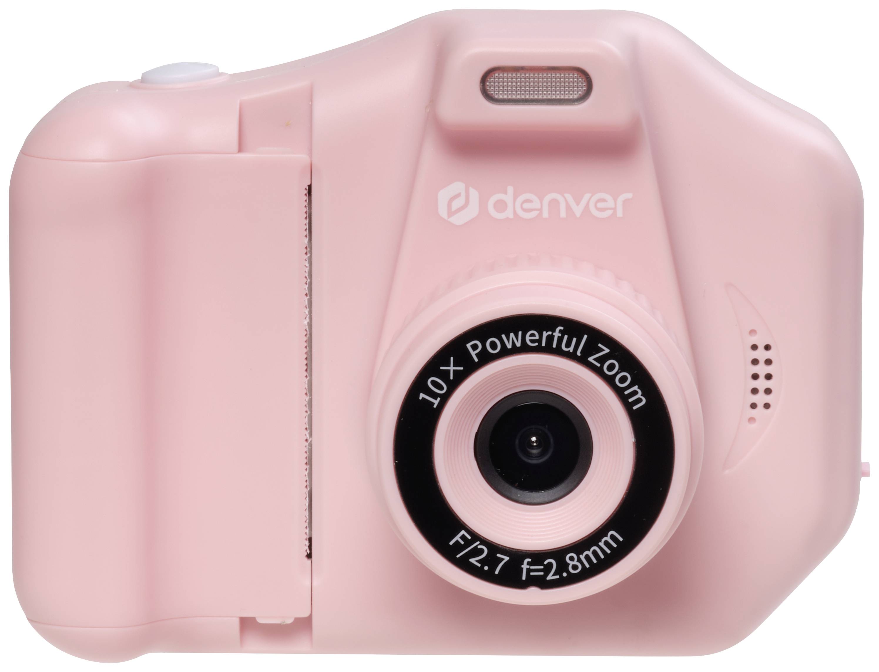 Růžový digitální fotoaparát s označením '10x Powerful Zoom' a 'F/2.7 f=2.8mm' na objektivu.