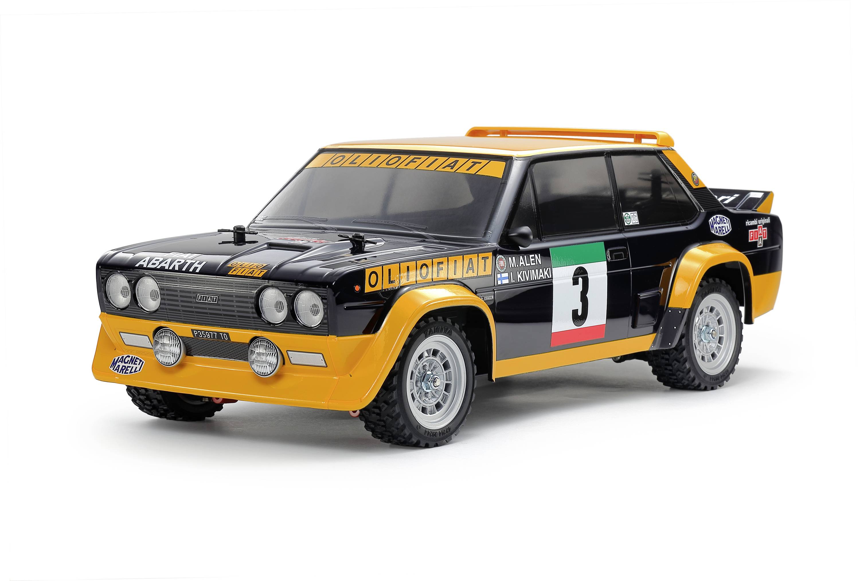 Model černého veterána s oranžovými akcenty, rally startovním číslem '3' a italskou vlajkou, v měřítku 1:10.