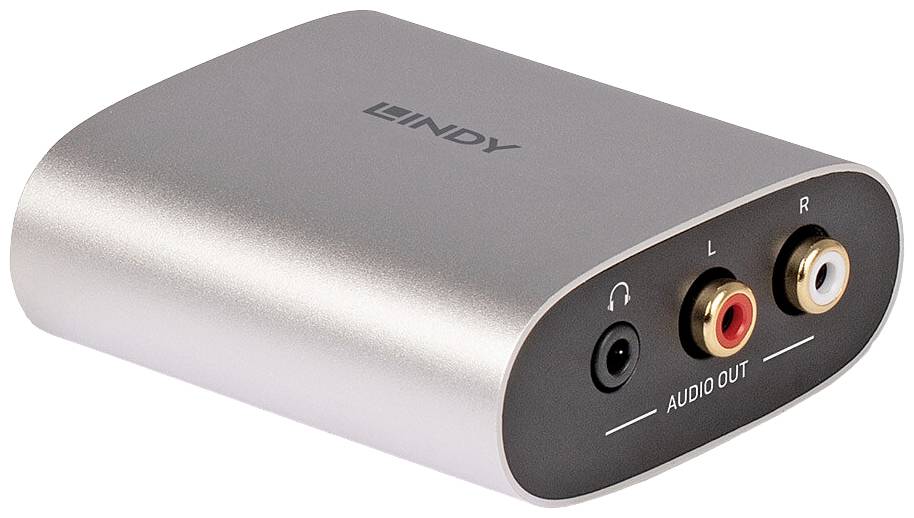 Stříbrný audio konvertor s logem značky, který disponuje výstupem pro sluchátka a červeno-bílými RCA konektory pro 'Audio Out'.