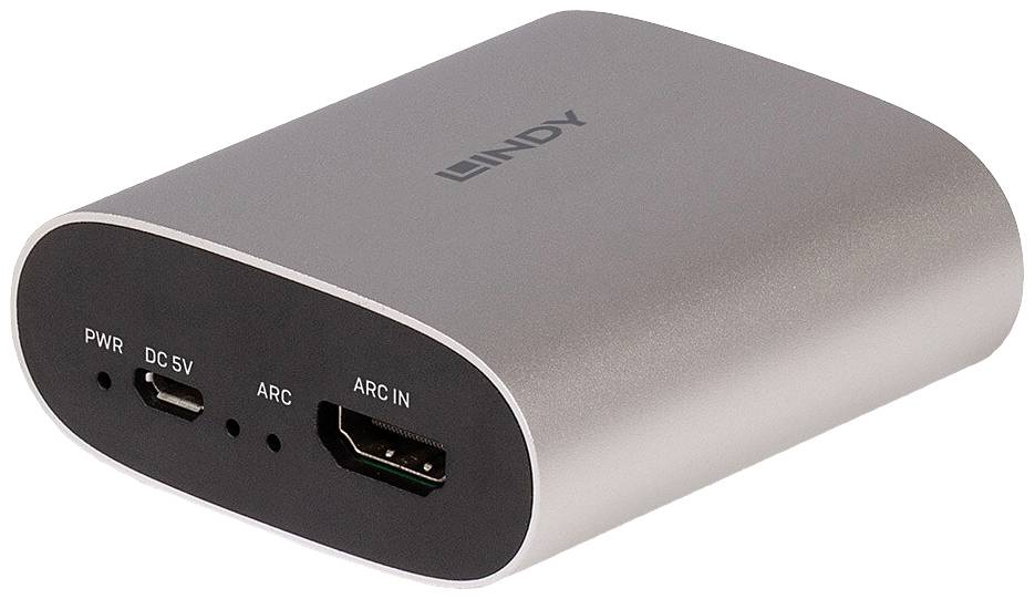 Obdélníkový stříbrný adaptér s logem 'LINDY', který má na přední straně dva konektory: HDMI 'ARC IN' a Micro-USB 'DC 5V'.