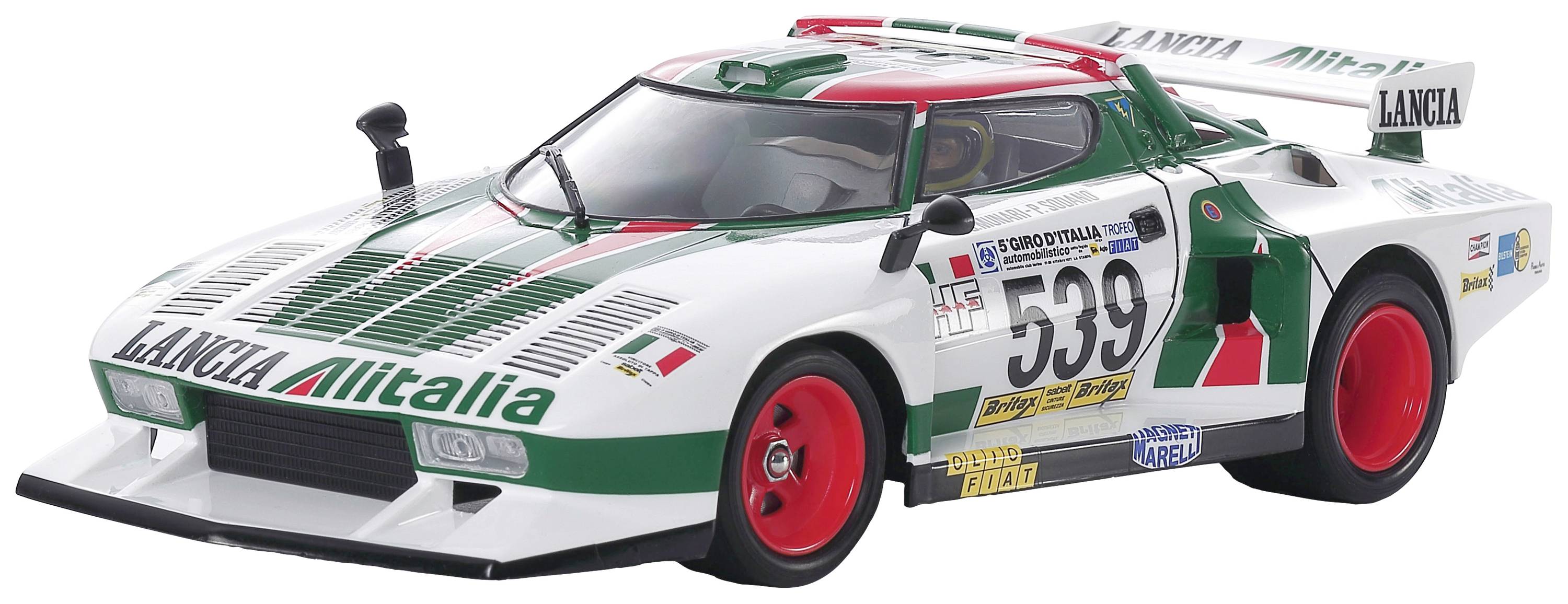Závodní vůz v klasickém designu Lancia Alitalia, bílý s zelenými a červenými akcenty, nese na boku číslo 539.