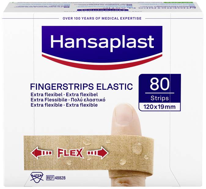 Elastický obvaz obtáčí palec. Na obalu je napsáno: 'Hansaplast Fingerstrips Elastic, 80 proužků, 120x19mm'.