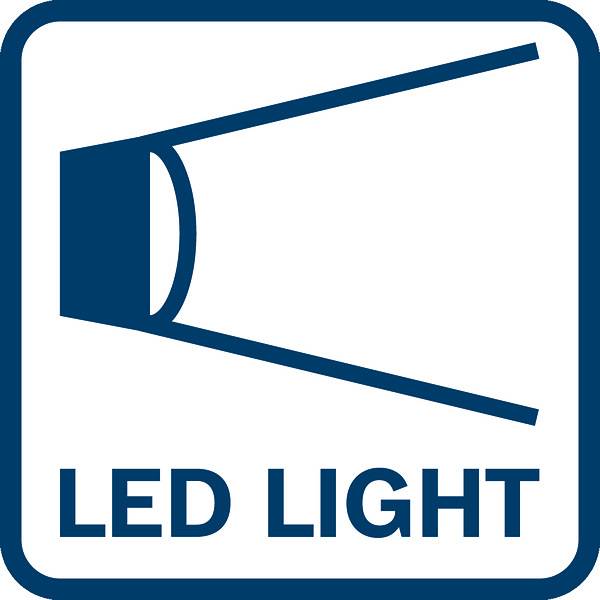 Symbol 'LED osvětlení' na modrém pozadí, zobrazující stylizovaný paprsek světlometu.