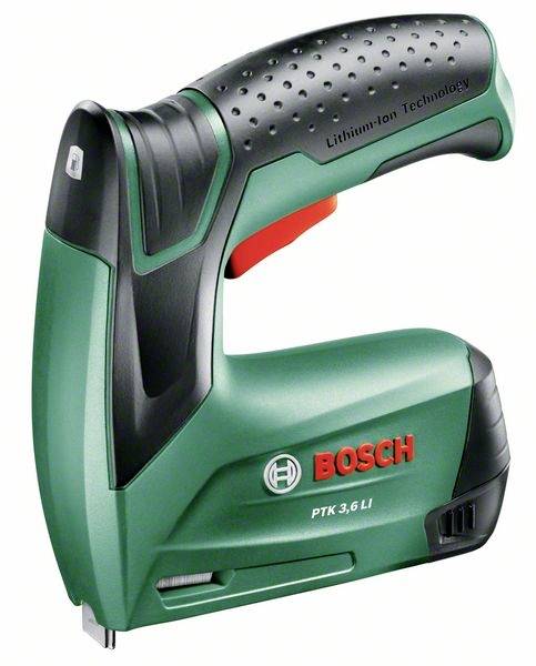 Zelený akumulátorový sponkovač Bosch, model PTK 3,6 LI, s ergonomickou rukojetí, vhodný pro kutilské práce a domácí projekty.
