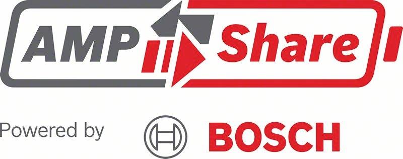 Logo 'AMPShare' se šipkami nahoru a doprava, pod ním nápis 'Powered by BOSCH' s logem Bosch.