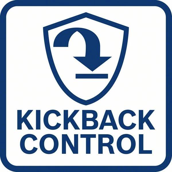 Modré symbol zobrazuje štít s ohnutou šipkou směřující dolů nad ním a textem 'KICKBACK CONTROL'. Indikátor bezpečnostní funkce.