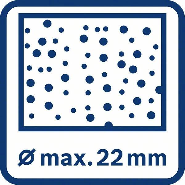 Symbol zobrazuje několik velkých modrých bodů v obdélníkovém rámečku s textem 'ø max. 22 mm', který udává maximální velikost bodu 22 mm.