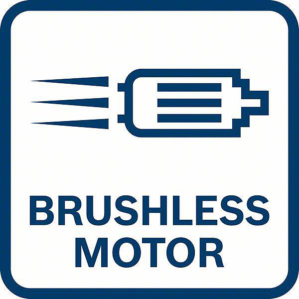 Symbol "Brushless Motor" na bílém pozadí s modrým lemováním. Znázornění motoru s čarami znázorňujícími pohyb.