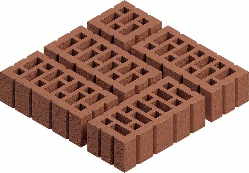 Šest prázdných, obdélníkových cihel je navršeno na sebe v čtvercovém uspořádání. Mají červenohnědou barvu.