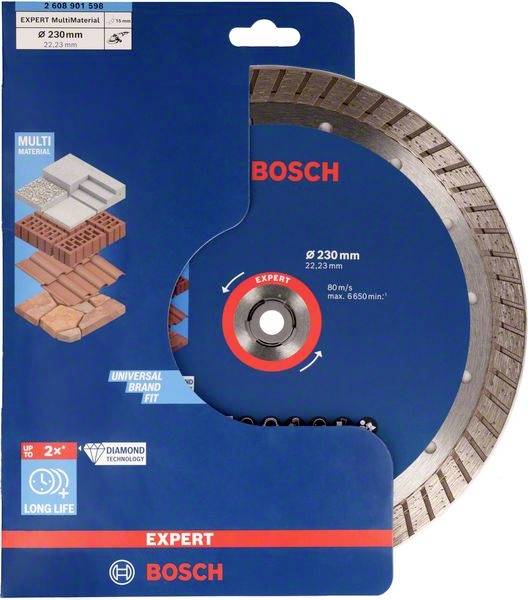 Diamantový řezný kotouč Bosch pro stavební materiály, průměr 230 mm, vhodný pro různé materiály, dlouhá životnost.