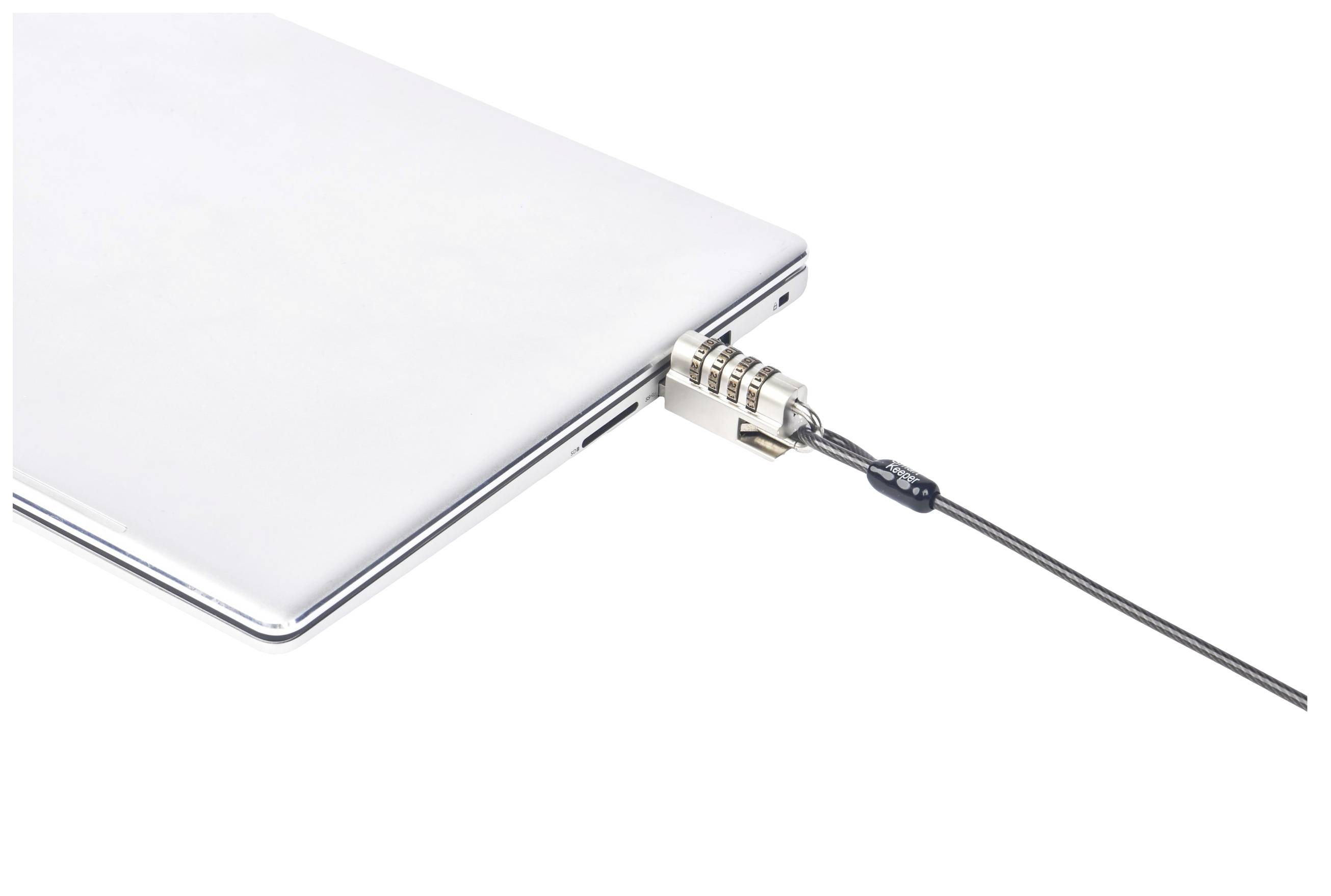 Notebook zajištěné bezpečnostním lankem zapojeným do bočního portu zařízení.