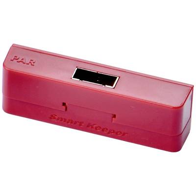 Červený kryt USB portu s nápisem 'Smart Keeper' a 'PAR', který brání neautorizovanému přístupu k USB rozhraním.