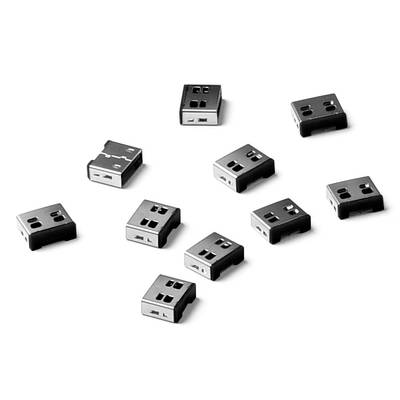 Sbírka deseti malých stříbrných USB zařízení, nepravidelně rozmístěných na bílém povrchu.