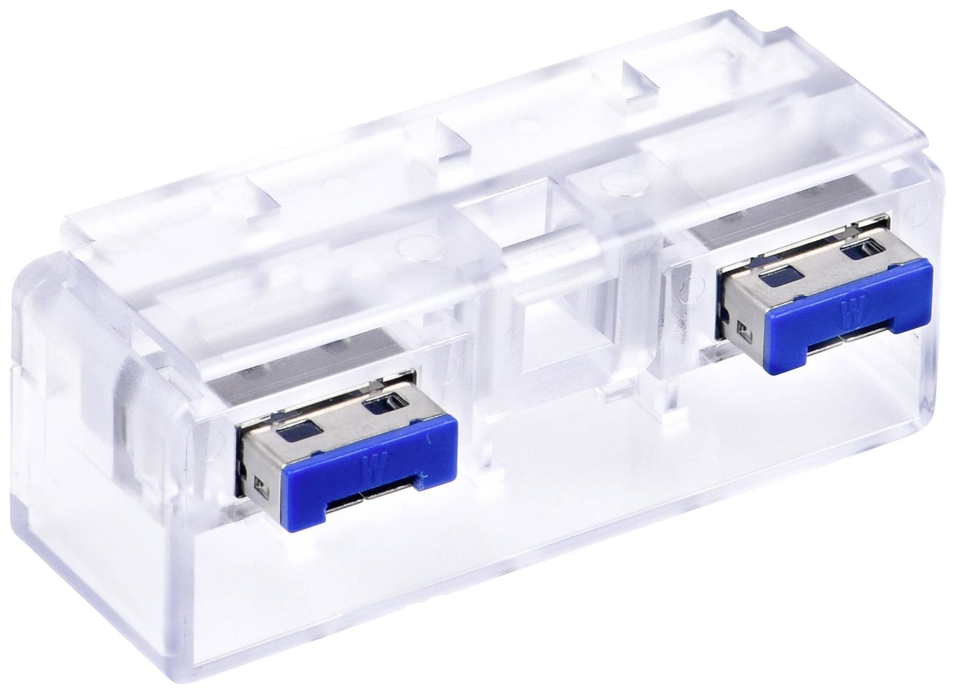 Průhledný, obdélníkový plastový adaptér se dvěma modrými USB 3.0 porty.
