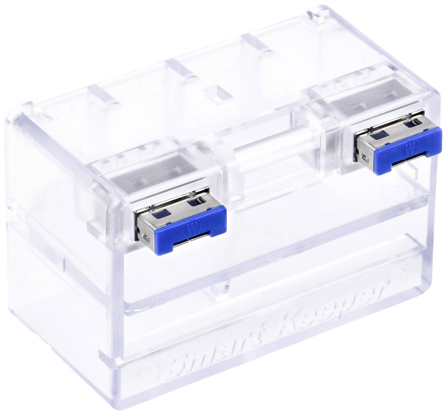 Průhledná, obdélníková plastová schránka se dvěma modrými USB porty na přední straně.