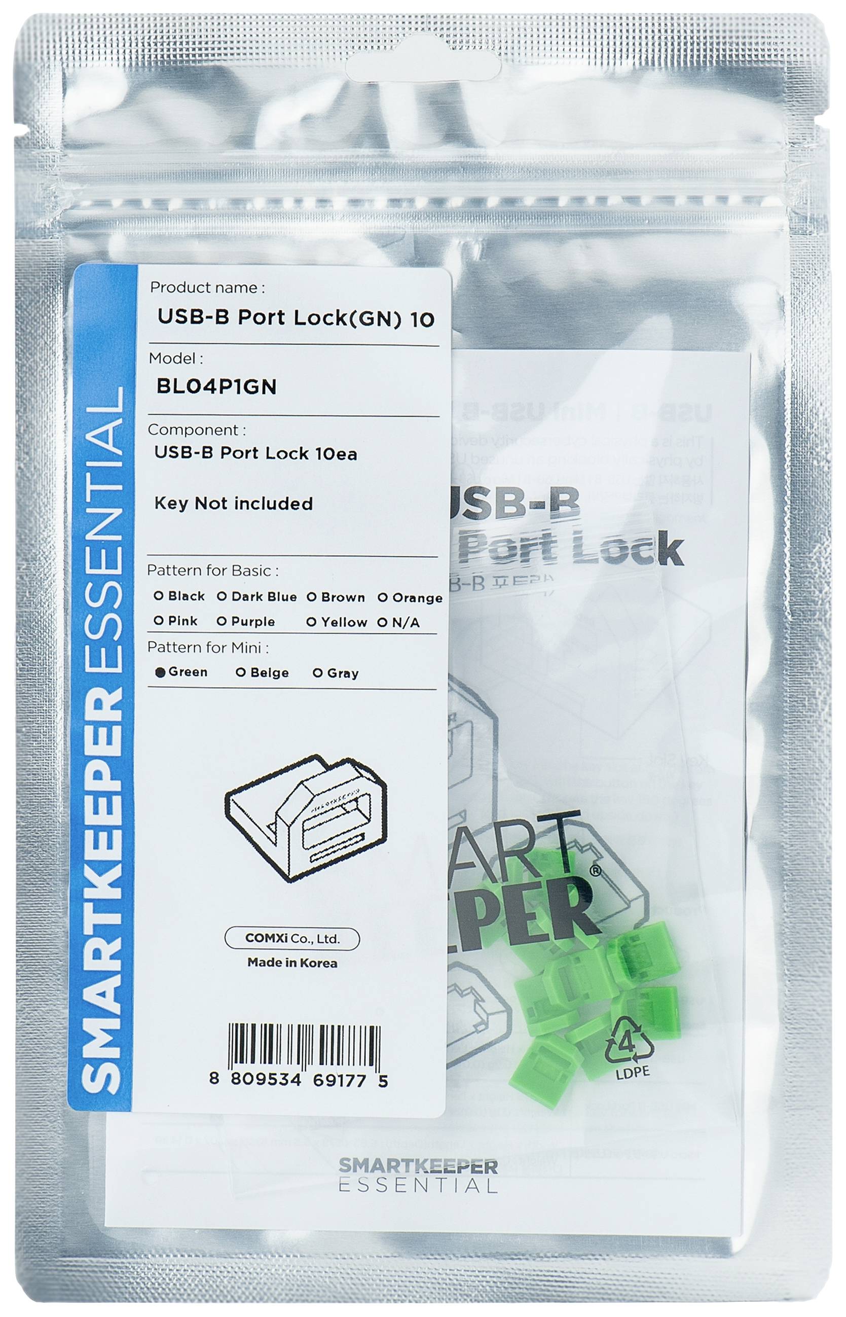 Balení obsahuje zámek USB-B portu v zelené barvě (10 kusů), model BL04P1GN. Příslušenství není součástí balení. Vyrobeno v Koreji.