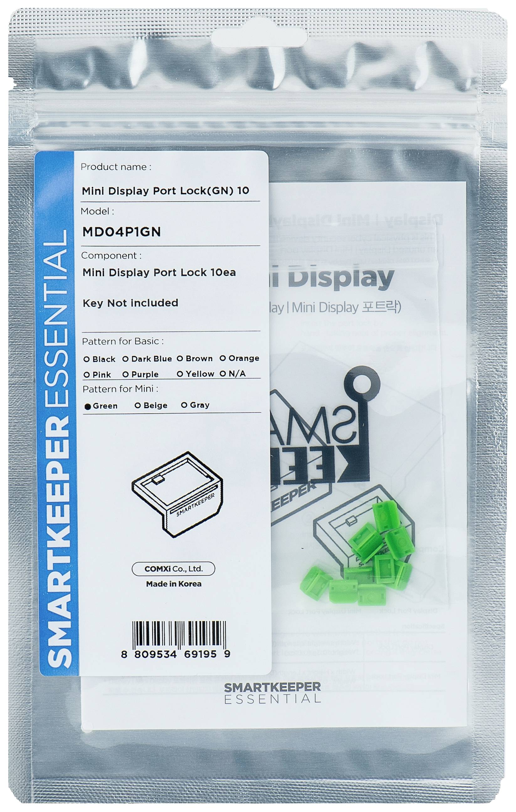 Balení obsahující 'Mini Display Port Lock (GN) 10', zobrazené jednotlivé díly, vyrobené výrobcem v Koreji, obsahuje deset zelených zámků Mini Display Portu.