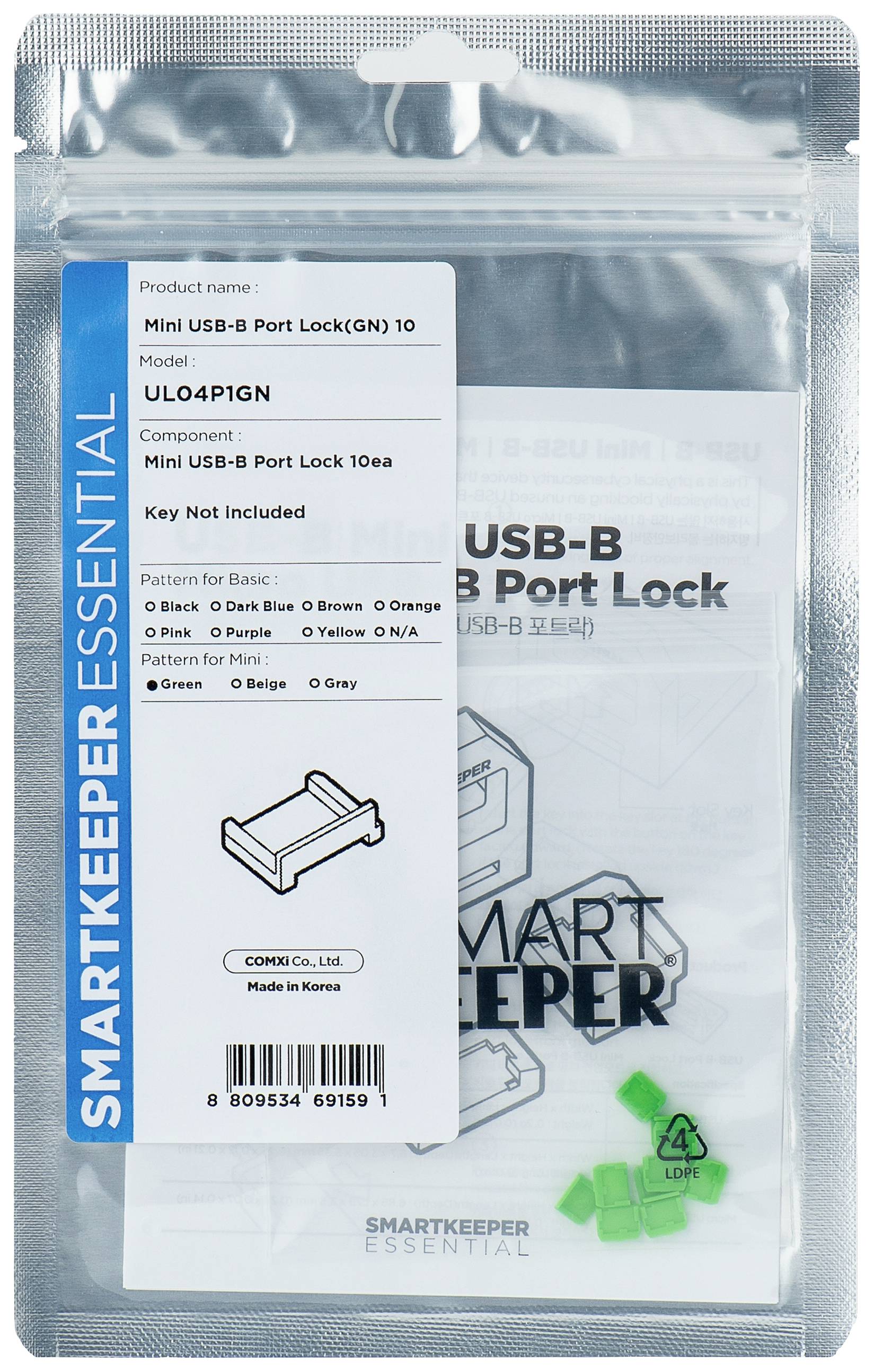 Transparentní balení s 10 mini USB-B Port Locky a návodem. Bez klíče. Hlavní barva: šedá.