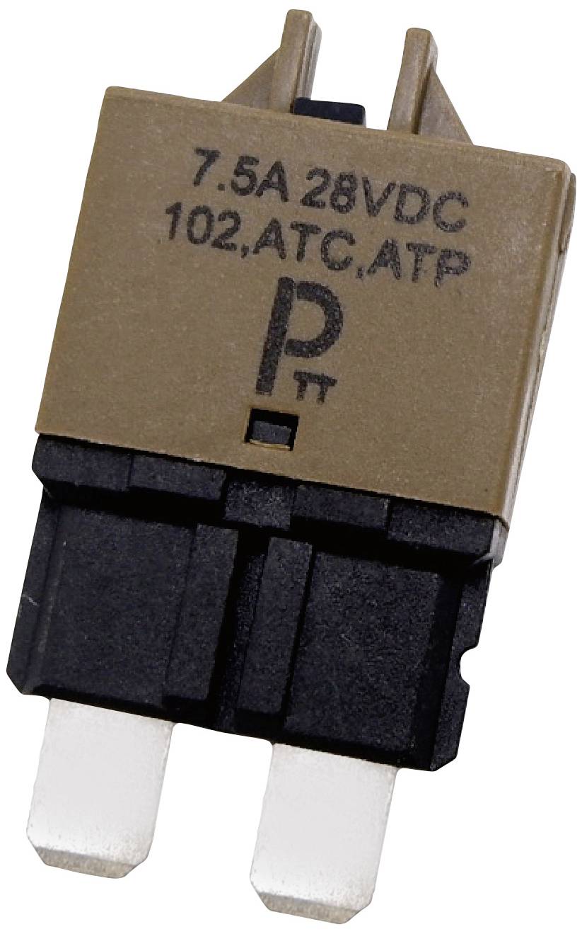 Elektrická pojistka s nápisem '7.5A 28VDC 102, ATC, ATP', hnědý horní díl a černý spodní díl.
