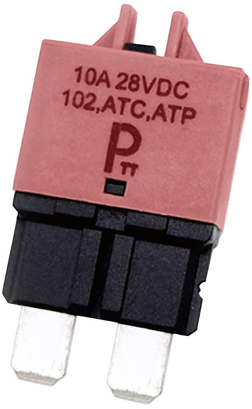 Pojistka s nápisem '10A 28VDC 102, ATC, ATP', červené plastové tělo a dva kovové kontakty dole.