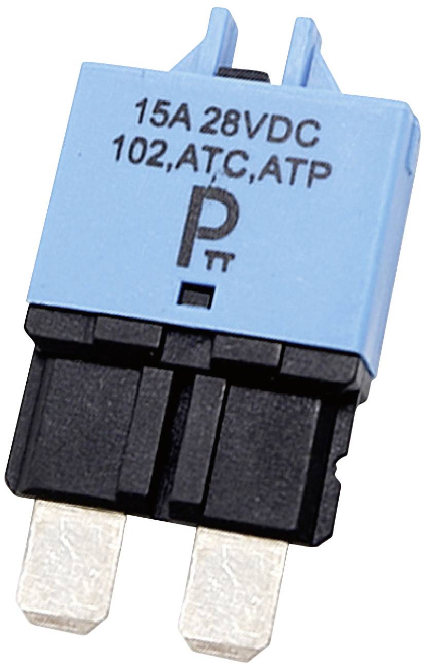 Modrý automobilový jistič s nápisem '15A 28VDC 102, ATC, ATP'. Dva kovové kontakty dole.