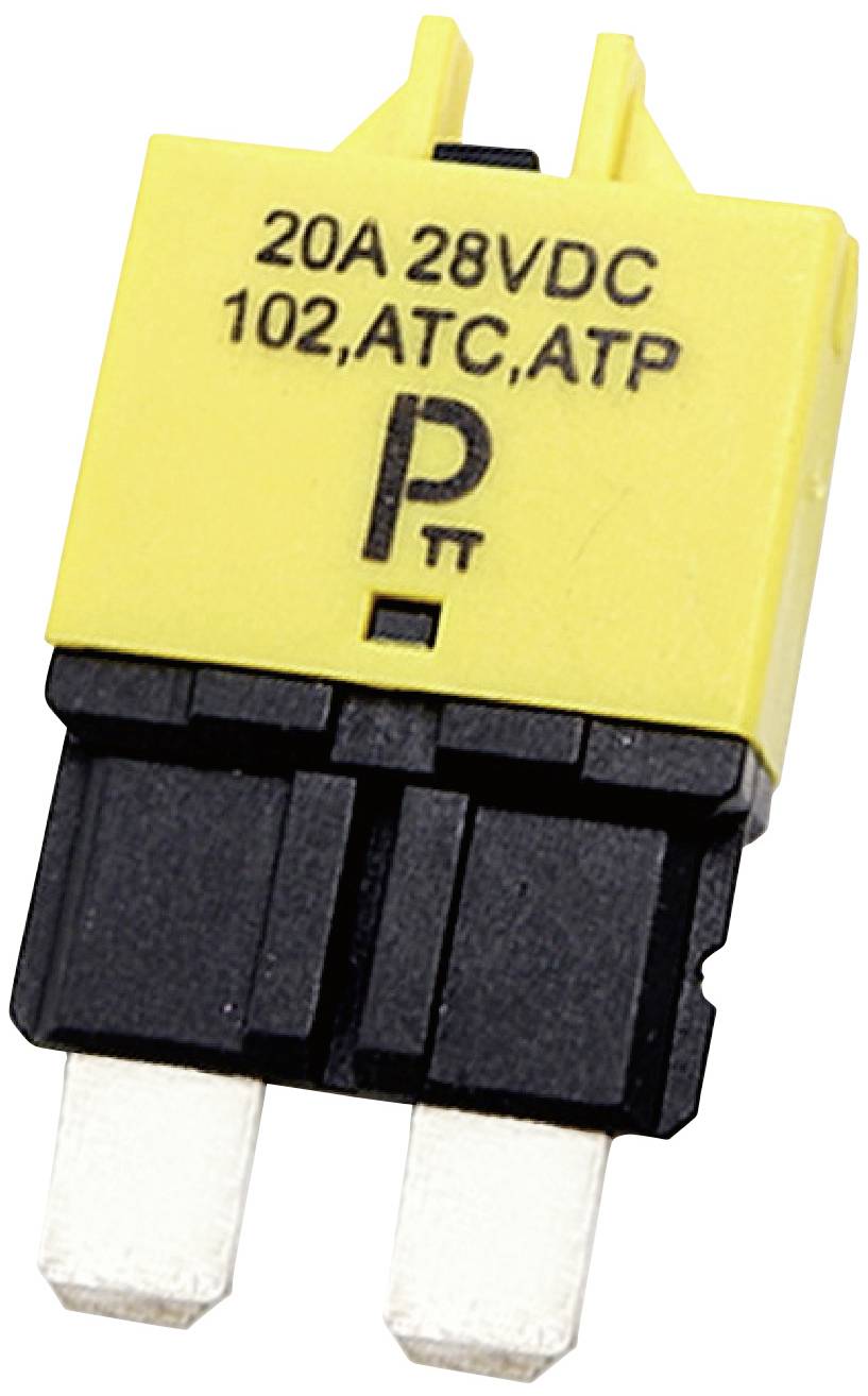 Žlutá pojistka 20A 28VDC pro automobil. Černá plastová základna, dva kovové kontakty. Značení: '20A 28VDC 102,ATC,ATP'.
