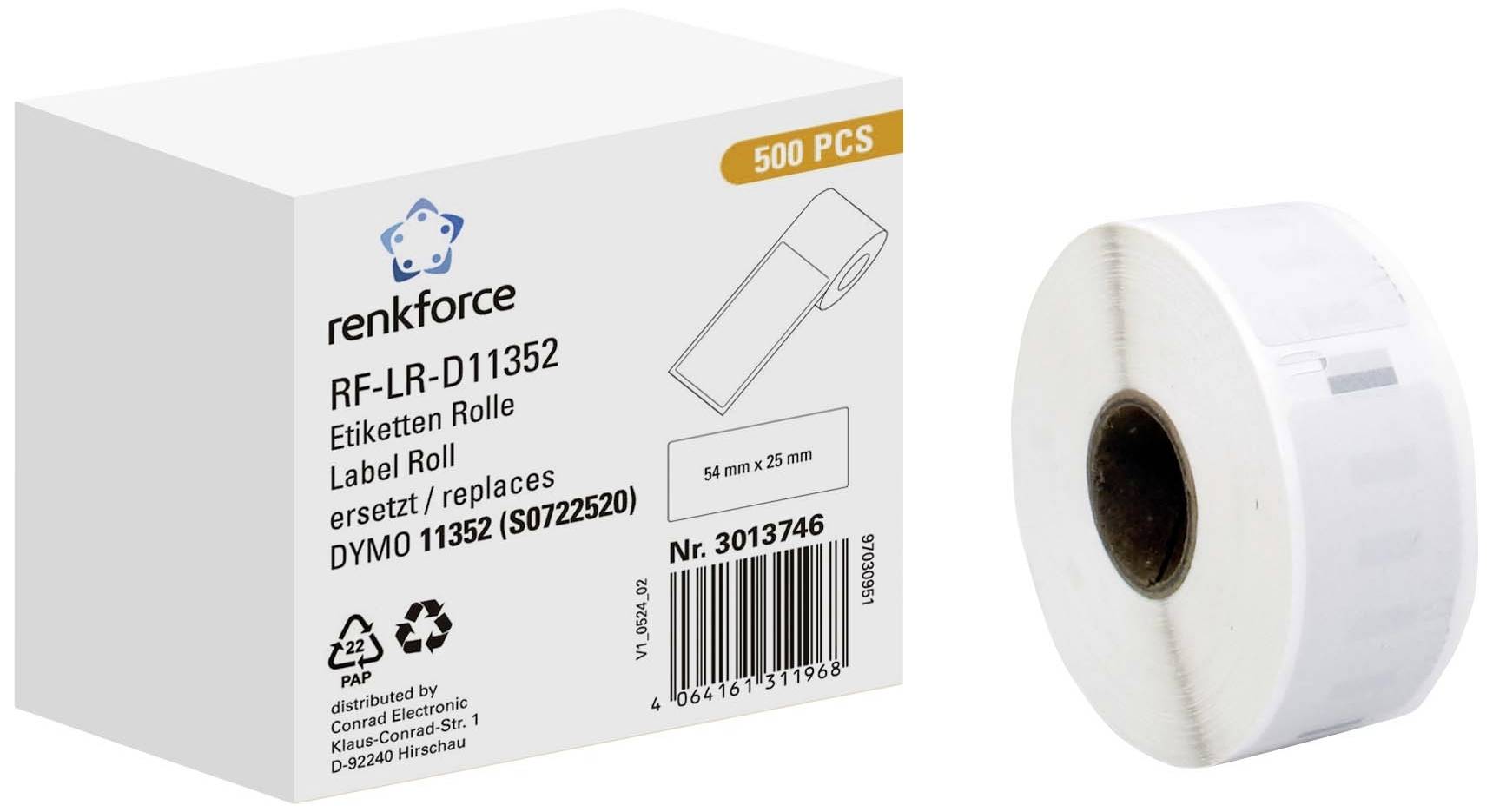 Role etiket '54 mm x 25 mm' vedle balení s 500 kusy. Značka 'renkforce', náhrada za 'DYMO 11352'.
