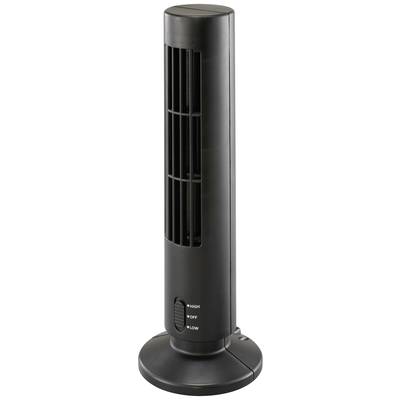 Černý sloupový ventilátor se třemi nastaveními: 'Vysoký', 'Vypnuto', 'Nízký'. Štíhlý, moderní design na kulatém podstavci.