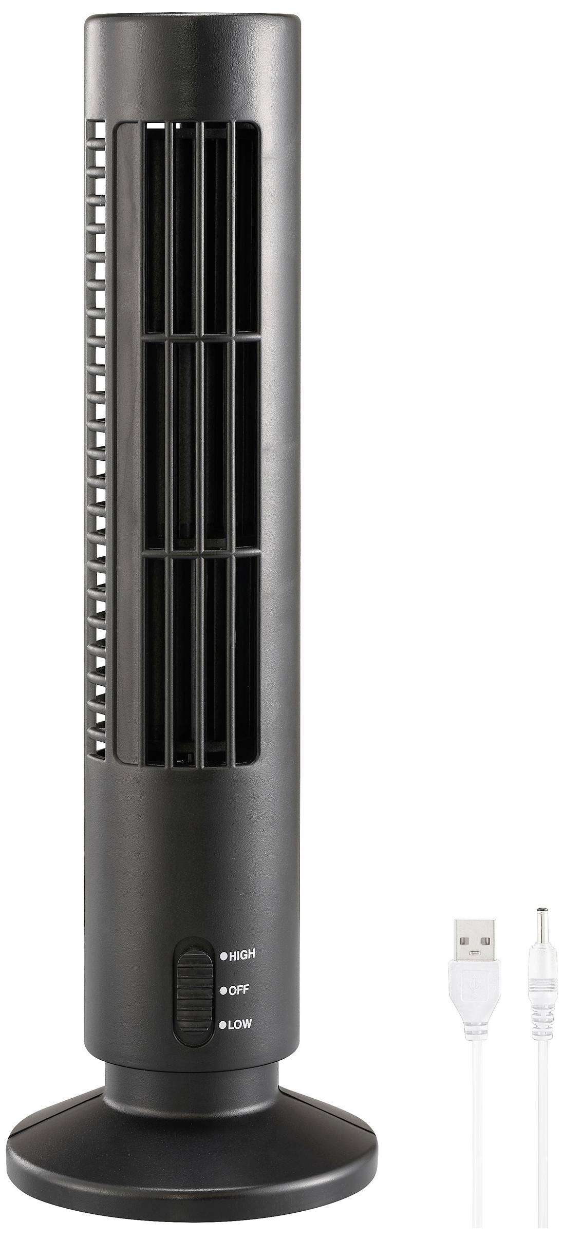 Věžový ventilátor v černé barvě s USB připojovacím kabelem, zobrazující ovládací panel se třemi nastaveními: 'Vysoký', 'Vypnuto', 'Nízký'. Ideální do kanceláří.