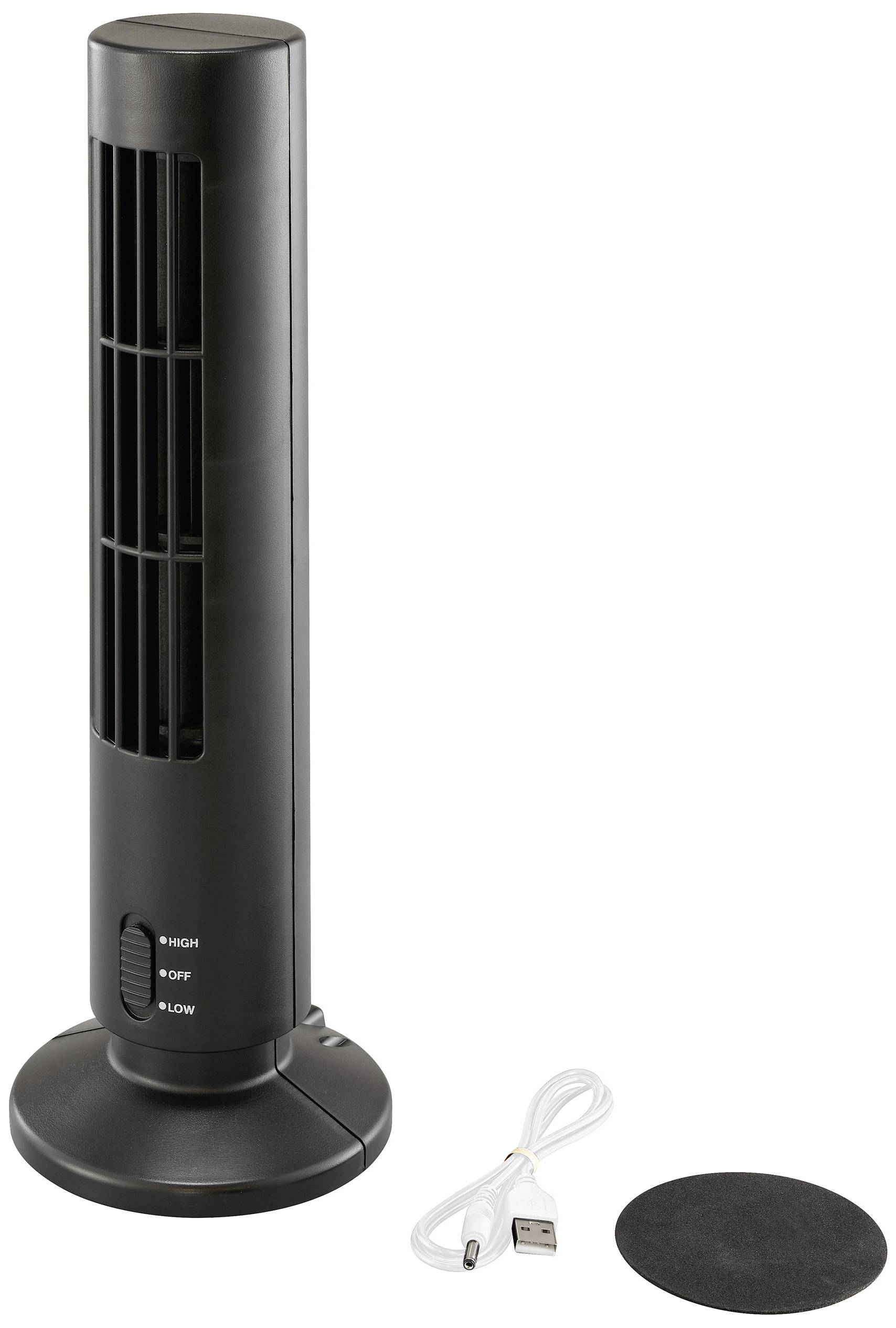 Černý sloupový ventilátor s USB kabelem a kulatým filtrem. Přepínač s polohami 'High', 'Off' a 'Low' umístěný na přední straně.