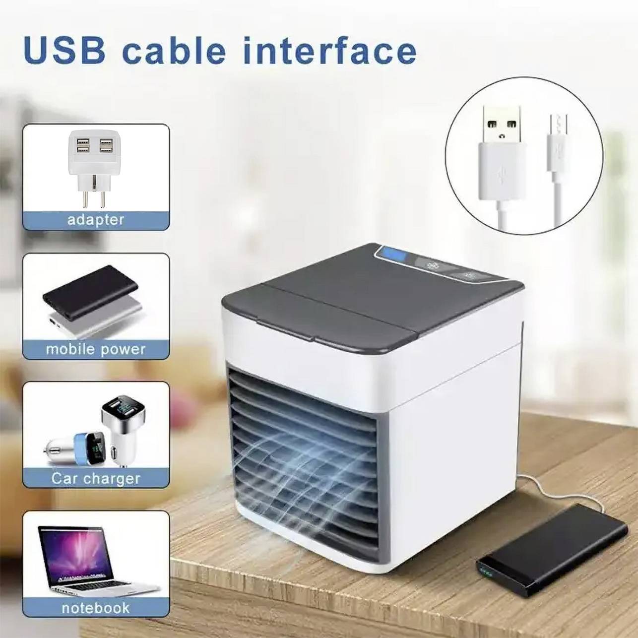 Kompaktní přenosný chladič vzduchu umístěný na stole s USB připojením. Malý ventilátor je umístěn vpředu. Příslušenství: adaptér, powerbanka, autoadaptér, notebook.