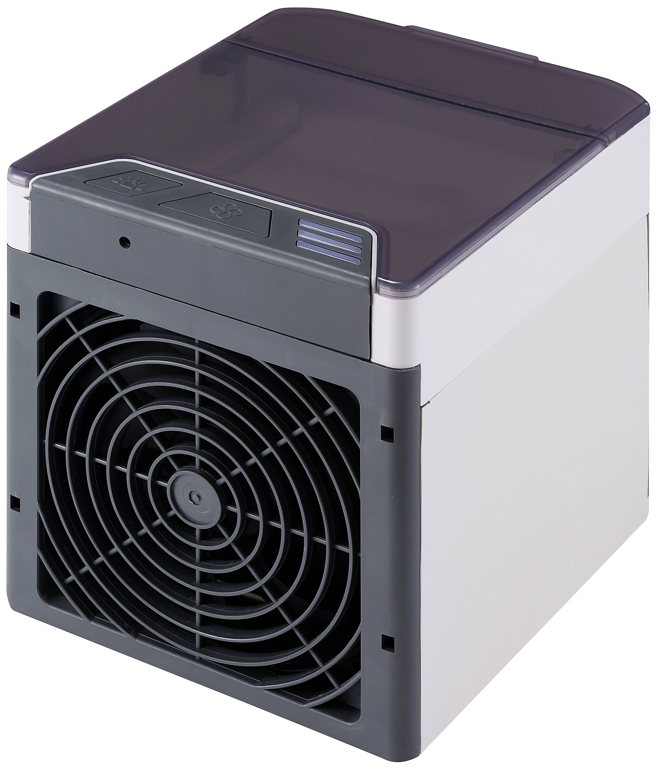 Přenosný mini klimatizační ventilátor s ventilátorem vpředu, černým víkem a třemi ovládacími tlačítky nahoře. Malý a kompaktní pro osobní použití.