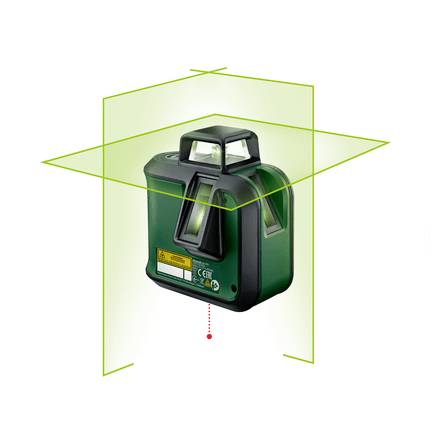 Zelený křížový čárový laser projektuje tři vertikální a jednu horizontální zelenou linii. Vhodný pro přesné nivelační práce.