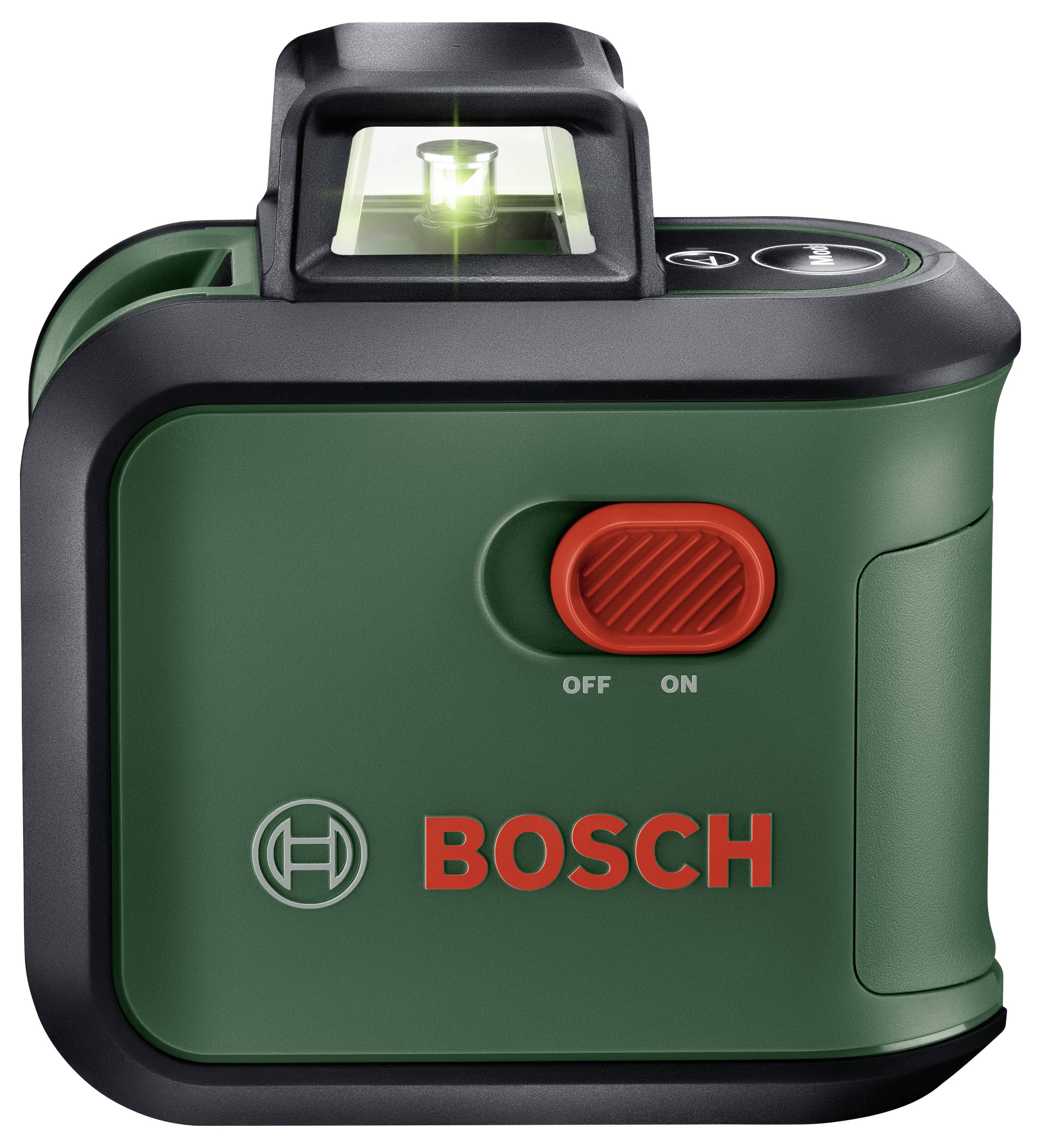 Zelený Bosch laserový dálkoměr s červeným spínačem a logem Bosch; horní oblast zobrazuje svítící zelený laserový paprsek.