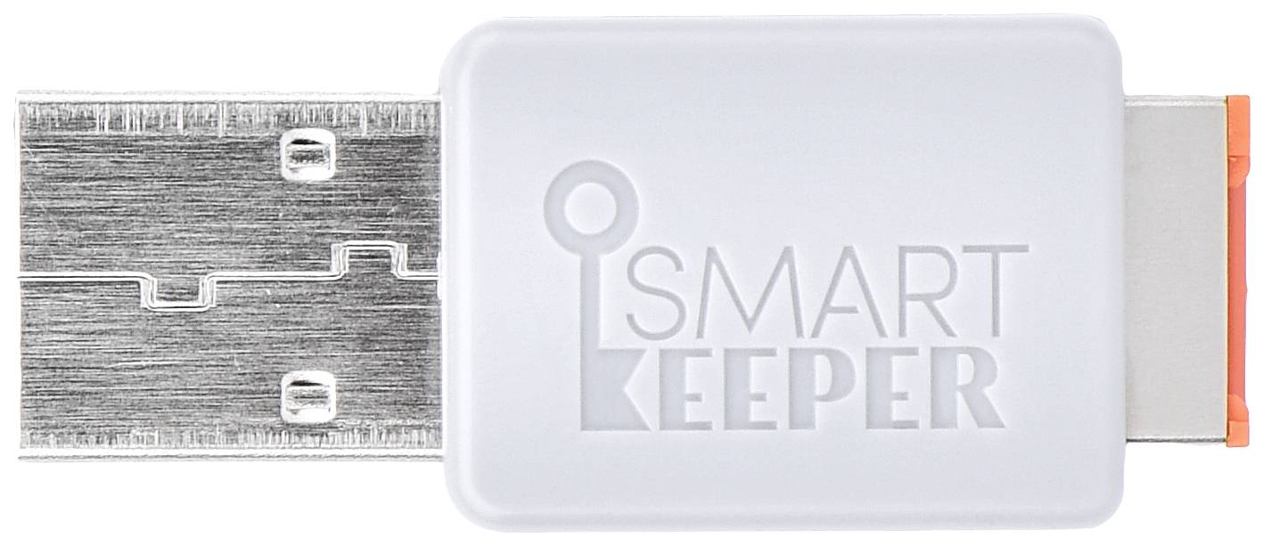 USB port with a protective plug that says 'Smart Keeper'. The plug is white with an orange accent.<br><br>Czech translation:<br><br>USB port s ochranným konektorem s nápisem 'Smart Keeper'. Konektor je bílý s oranžovým akcentem.