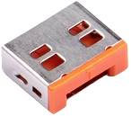 Stříbrný kovový kryt s oranžovými plastovými prvky, navržený pro umístění USB konektoru.