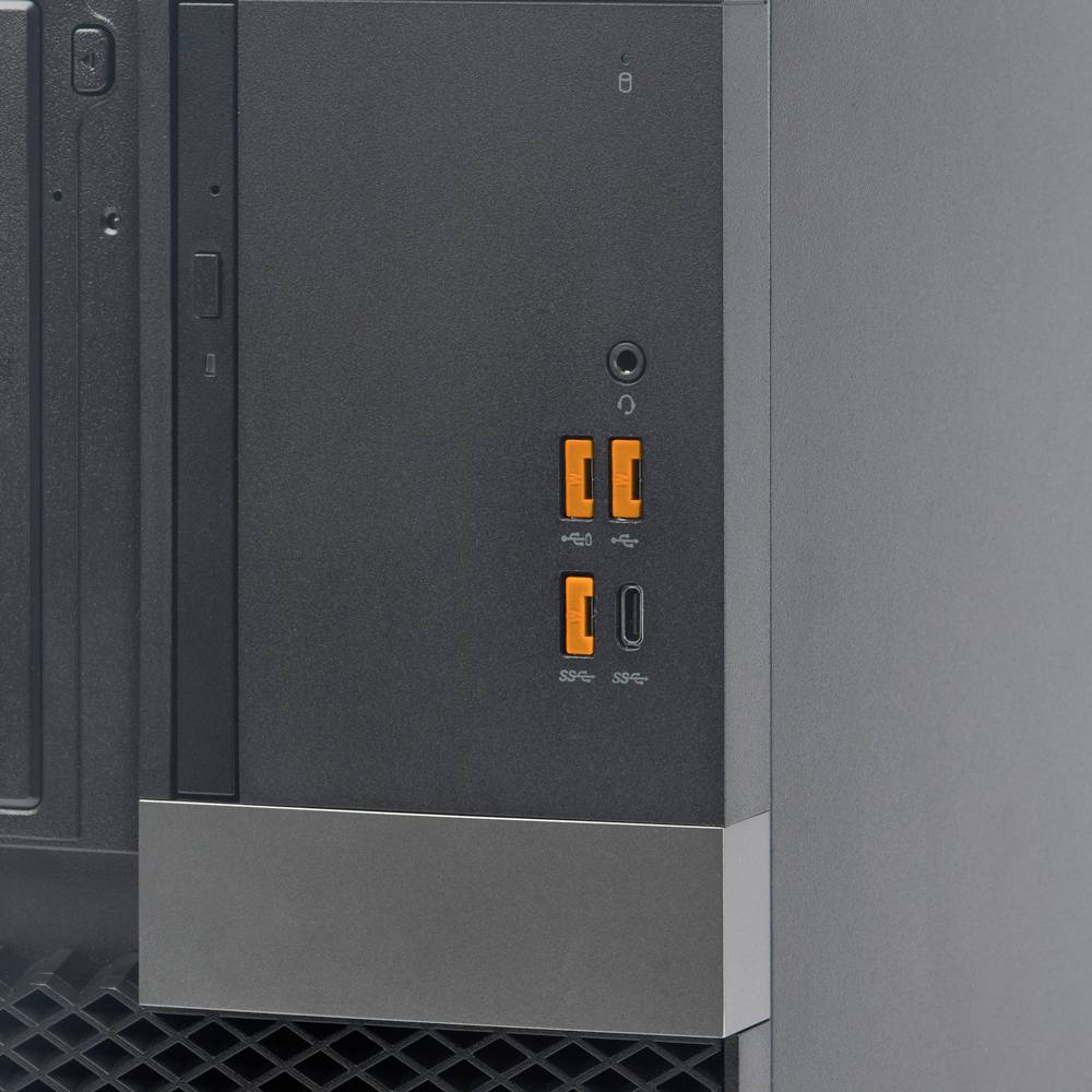 Počítačová skříň s dvěma USB porty a vstupem pro sluchátka vpředu. Přehledně označené konektory pro snadný přístup.