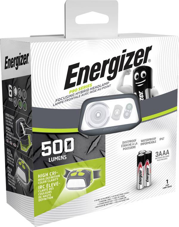 Energizer Pro Series Hybrid LED čelovka, Li-Ion akumulátory nebo provoz na baterie, 500 lm, 2 h, E303955100